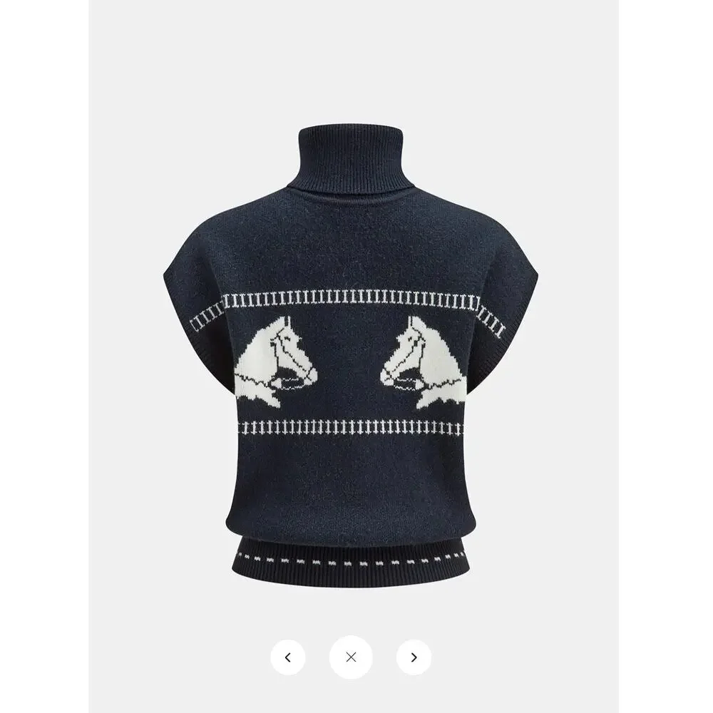 NWT Commense Horse-Pattern Cap Sleeve Turtleneck Sweater Vest Sz S